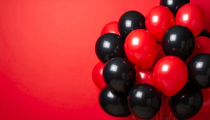 Glossy Red and Black Party Balloons on a Vibrant Red Background with Copy Space