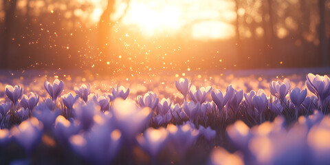 Purple Spring Flowers in Golden Sunlight with Soft Bokeh
