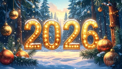 New Year 2026 golden sparkling numbers in a festive winter wonderland with snow, Christmas ornaments, and pine trees.