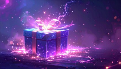 Magical Glowing Gift Box with Pink Bow and Sparkling Purple and Blue Lights