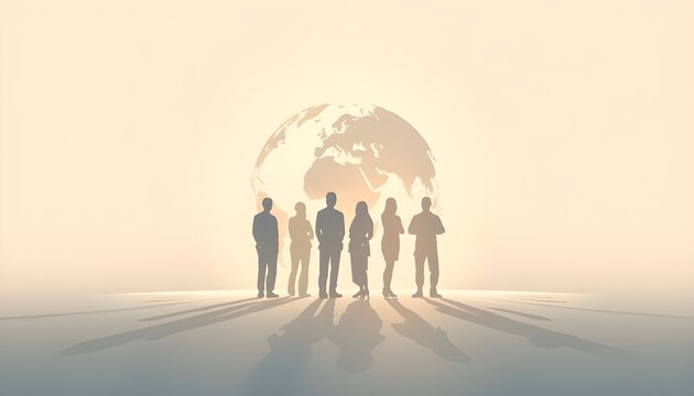 Silhouette of a diverse business team standing together in front of a world globe background, representing global collaboration, teamwork, leadership, and international business concept.