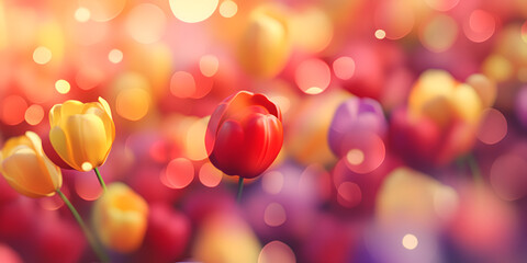 Colorful Spring Tulip Field with Soft Light and Dreamy Bokeh