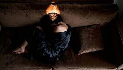 Woman curled on a dark velvet sofa in a dim intimate interior wearing a black silk robe and resting beneath a warm lamp. The moody composition includes negative space on the right with available space