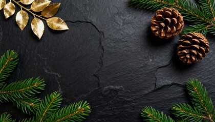 Pine cones and evergreen branches arranged on a slate surface with golden leaves and fir sprigs, leaving clear copyspace in the center for text or design placements for seasonal or holiday layouts