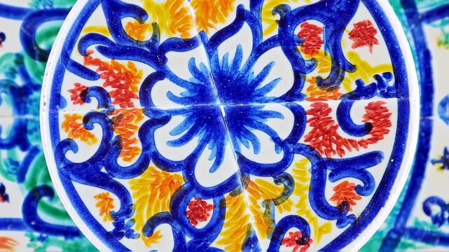 Colorful, ornate ceramic tile design featuring a central blue flower with orange and red floral accents