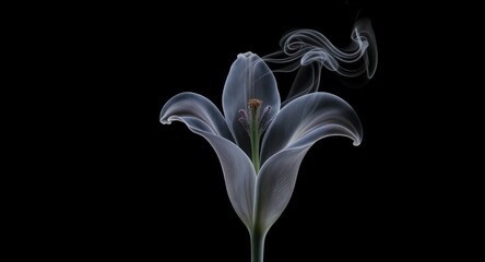 White lily with translucent petals and curling smoke on a deep black background, positioned to leave ample negative space for text and graphic elements while emphasizing delicate textures and tonal co