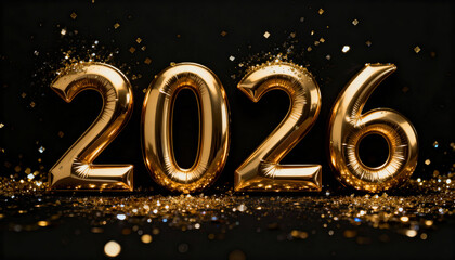 Gold balloon numbers 2026 sit on a reflective surface surrounded by scattered confetti and glitter against a dark backdrop with clear negative space available for text placement and celebratory design