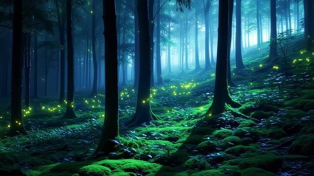 Dreamy forest scene at night, with tall trees, moss, and glowing lights. Serene, magical atmosphere