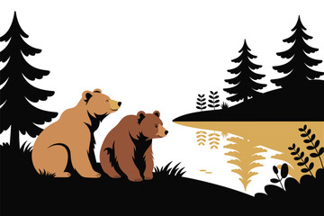 Mother Bear and Cub by a Forest Lake, family concept