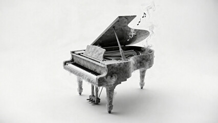 Grand piano emits a surreal atmosphere as translucent smoke curls around the open lid and musical notes drift upward on a clean white background with generous empty area available for text and design