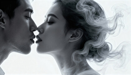 Couple leans in for an intimate near-kiss with swirling smoky hair and high-key monochrome tones, conveying romance and tension. There is light negative space to the right suitable for text or design 