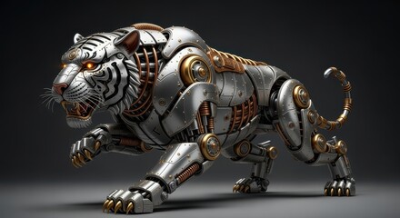 Robotic tiger prowling in low light studio with articulated joints, brushed metal panels, copper accents and glowing orange eyes conveying motion and mechanical power on a reflective surface for adver