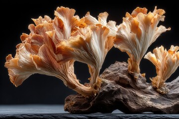 Fototapeta na wymiar Golden Oyster Mushrooms Clustered on Dark Wood with Dramatic Lighting