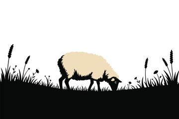 Minimalist Sheep Grazing in Meadow Silhouette, rural life concept
