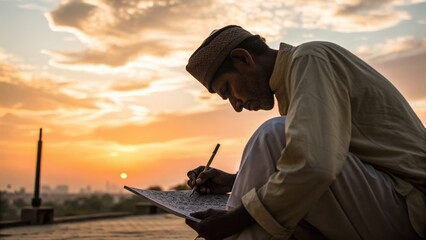Fototapeta premium Indian street calligrapher sits outdoors at sunset writing intricate script on paper, traditional attire, peaceful and focused atmosphere