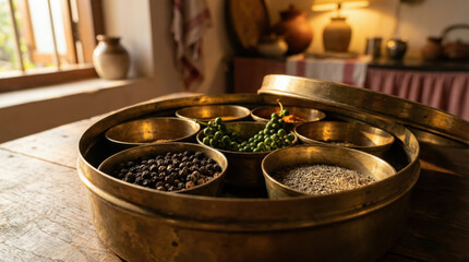 Brass masala dabba sits open on a rustic wooden table holding mixed whole spices and green peppercorns under warm kitchen light with blurred background and available space for text near window and cou