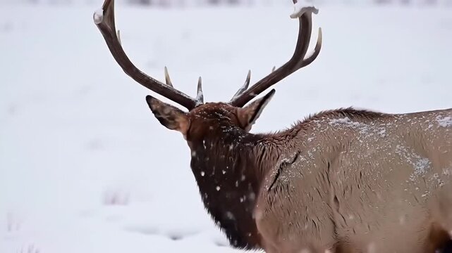 Majestic elk walking in snowfall showing antlers and fur details