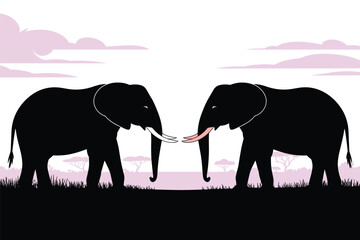 Two Silhouetted Elephants Facing Each Other in Savanna, wildlife conservation concept