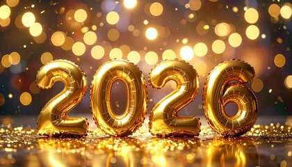Golden 2026 Foil Balloon Numbers on Glitter with Bokeh Lights for New Year Celebration
