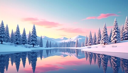 Winter Landscape with Snow-Covered Pine Trees and Reflective Lake at Sunset