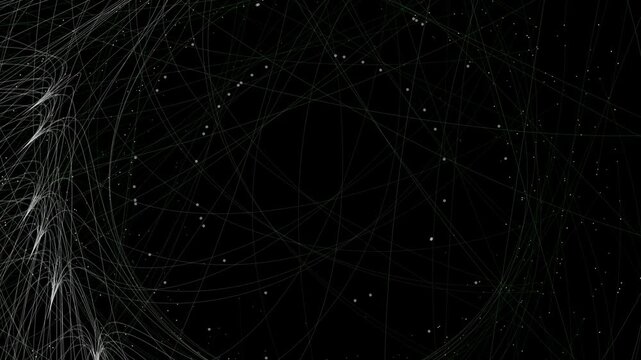 Dark, cinematic visualization of complex network arcs and nodes. Thin, glowing white lines curve gracefully across the screen, connecting various points to a dense central hub on the right, while scat
