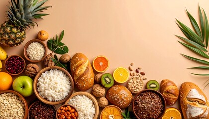 Healthy whole foods border with fruits nuts seeds grains and artisan bread arranged on light beige background with palm leaves