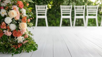 Bridge wedding ceremony setup with white chairs and a floral aisle runner, isolated, bridge wedding, luxurious natural setting