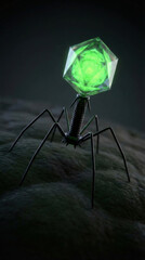 Mechanical bacteriophage stands on a textured surface with spindly legs and a faceted luminous green core. Low-key lighting produces high contrast and an eerie sci-fi laboratory mood. Use in technolog