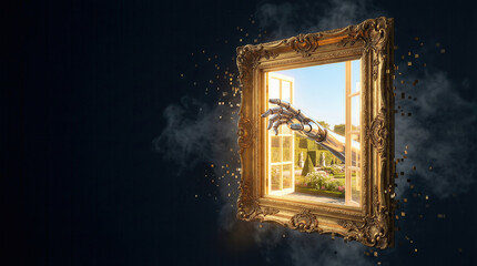 Gilded frame floats against a dark backdrop with an open window revealing a sunlit garden. A mechanical arm reaches through, blending classical ornament with futuristic technology. Strong contrast and
