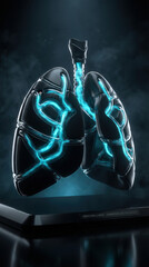Human lungs model with glowing blue bronchial pathways suspended on a dark reflective base. The sleek medical visualization presents airway structure with volumetric lighting to suggest airflow and in