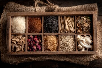 Top view of diverse dried herbs, spices, and natural ingredients in a wooden box