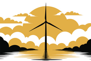 Golden Hour Wind Turbine Silhouette with Water Reflection, renewable energy concept