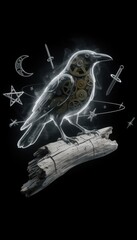Mechanical crow perches on weathered driftwood with visible clockwork gears and a luminous outline, surrounded by floating daggers, stars and a crescent moon, set on a dark background with ample space