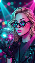 Woman wearing sunglasses and a leather jacket holds a reflective disco ball under neon club lights with colorful bokeh. Blurred background provides copyspace available for text and design in nightlife