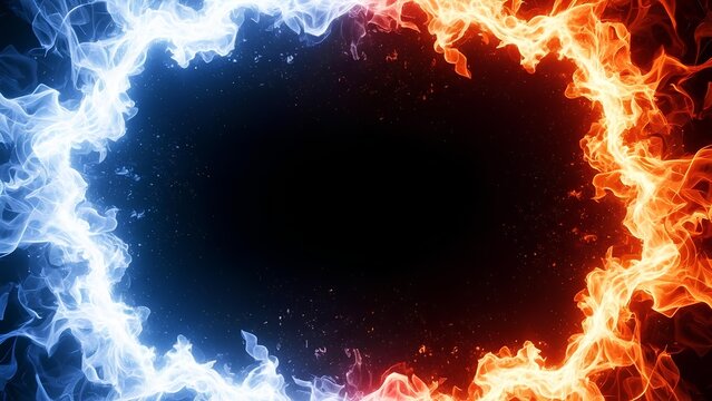 A fiery and icy flame border surrounds a dark central void from a frontal viewpoint