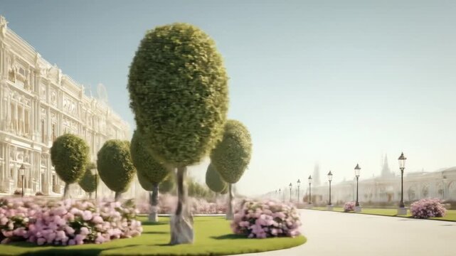 A classical garden features topiary trees, pink flower beds, and a stately building