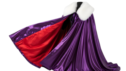 Luxurious purple cape with white fur collar and red lining