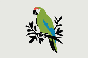 Stylized Green Parrot Perched on a Branch, exotic bird concept
