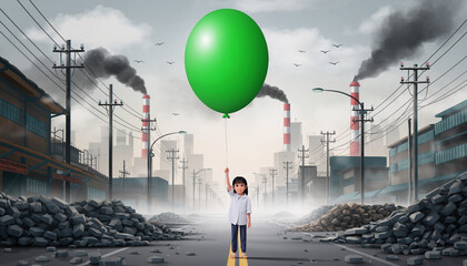 A small child stands holding a vibrant green balloon a symbol of hope amidst a desolate polluted landscape.