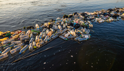 Massive accumulation of plastic bottles and waste floating in the ocean highlighting severe marine pollution.