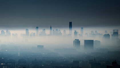 City skyline shrouded in thick fog and smog creating an eerie atmosphere.