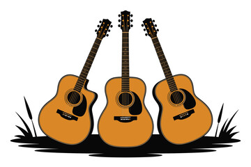 Three Acoustic Guitars with Grass Elements, acoustic music concept