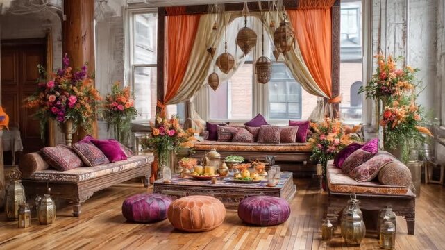 A cozy, opulent interior with patterned cushions, lanterns, ottomans, and vibrant floral arrangements