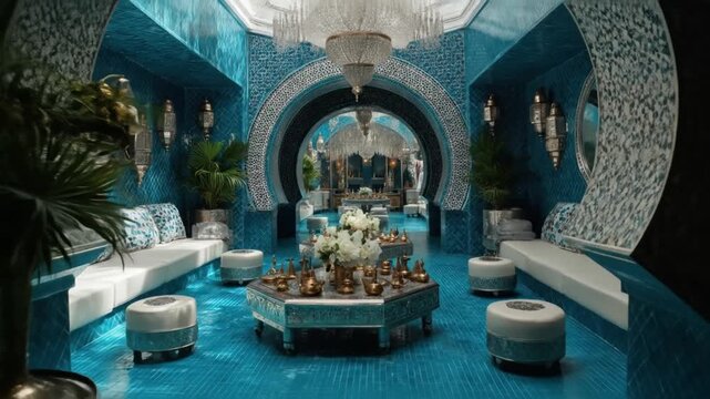A luxurious teal-themed room with white seating, decorative lamps, and a floral centerpiece
