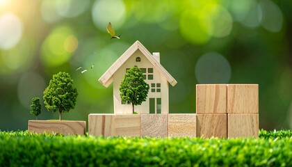 Sustainable Wooden House Model with Green Trees and Blocks on Artificial Grass in Nature