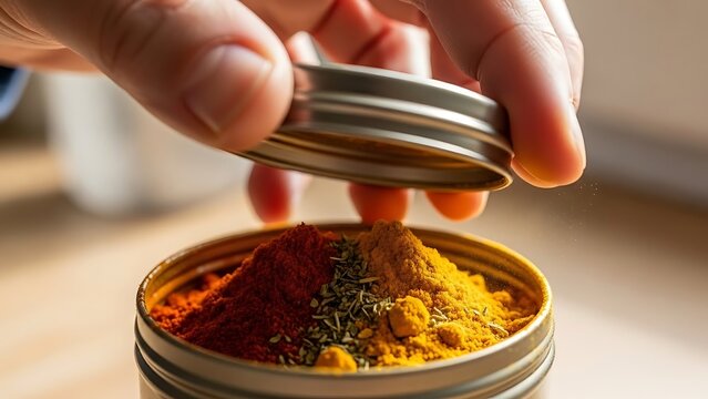 Hand pouring spice blend into container.