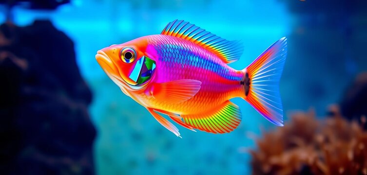 Vibrant melanotaenia rainbowfish swimming gracefully in a freshwater aquarium, showcasing iridescent scales and active movement ,  nature,  beautiful