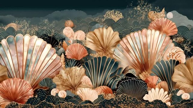 A detailed image of seashells in various colors with gold accents and a dark blue background