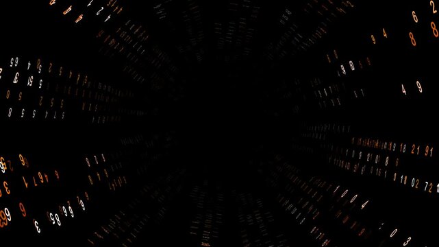 Fast-paced tunnel animation made entirely of glowing orange and white numbers. The camera rushes through a dark void surrounded by columns of shifting numerical data, creating a high-tech "digital aby