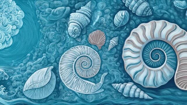 A detailed underwater artistic display, featuring various seashells and an ocean wave design